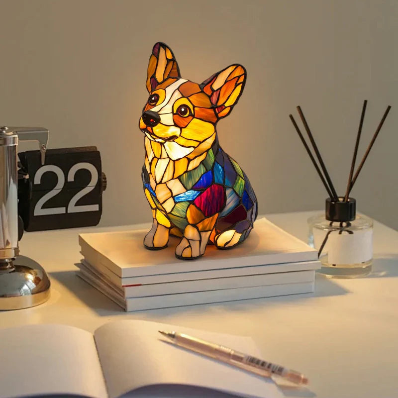 🐱🐶 LED table lamp with puppy statue in contrasting colors