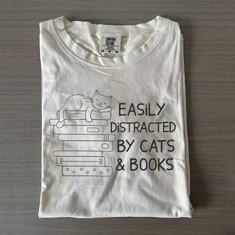 Easily Distracted By Cats And Books T-shirt-Lulueye