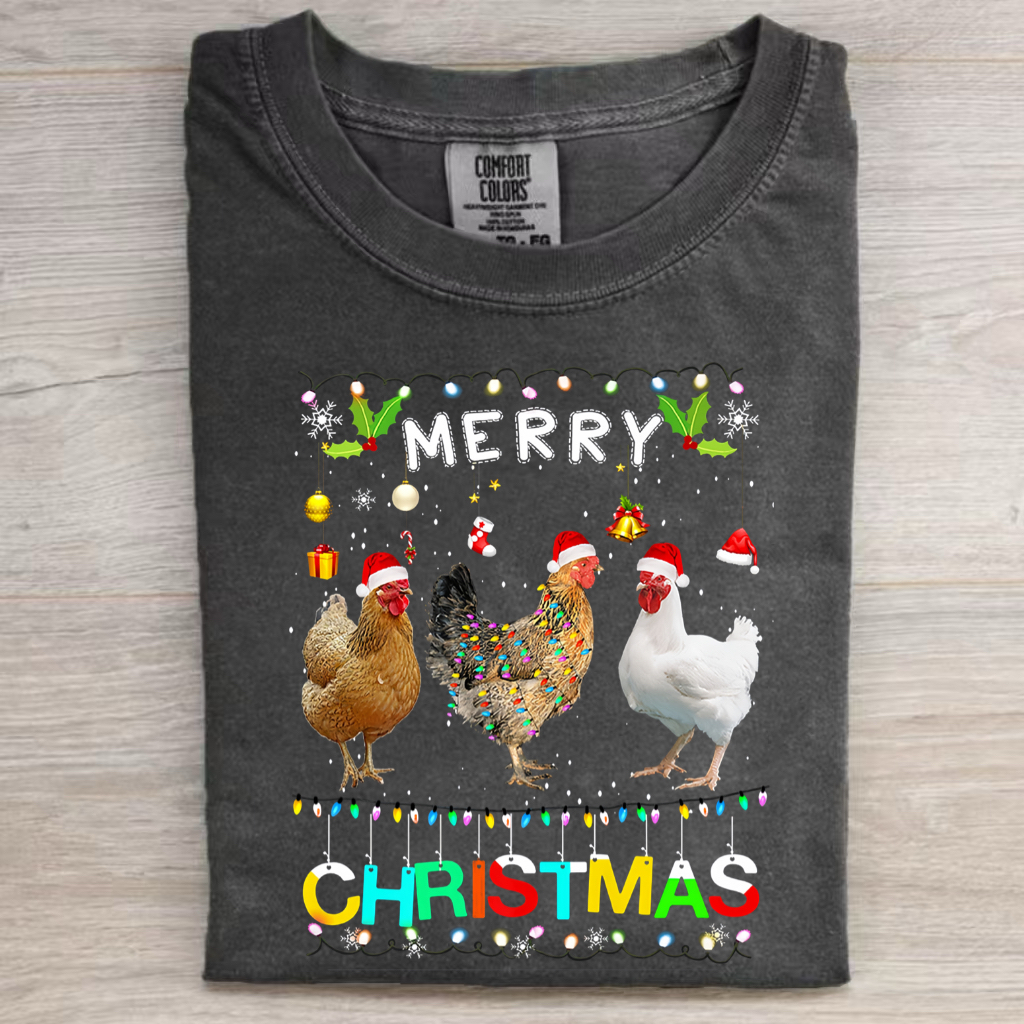 Merry Christmas Chicken Shirt Santa Hat Lights Xmas Funny Chicken T-Shirt