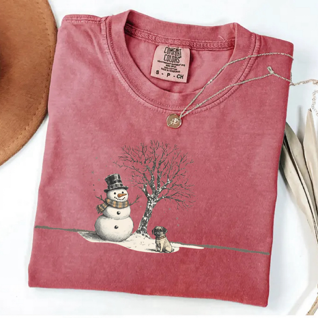 Snowman Christmas Hat Pug T-shirt