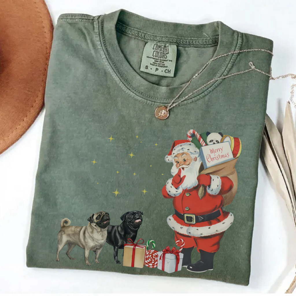 Vintage Pug Santa Christmas T-Shirt