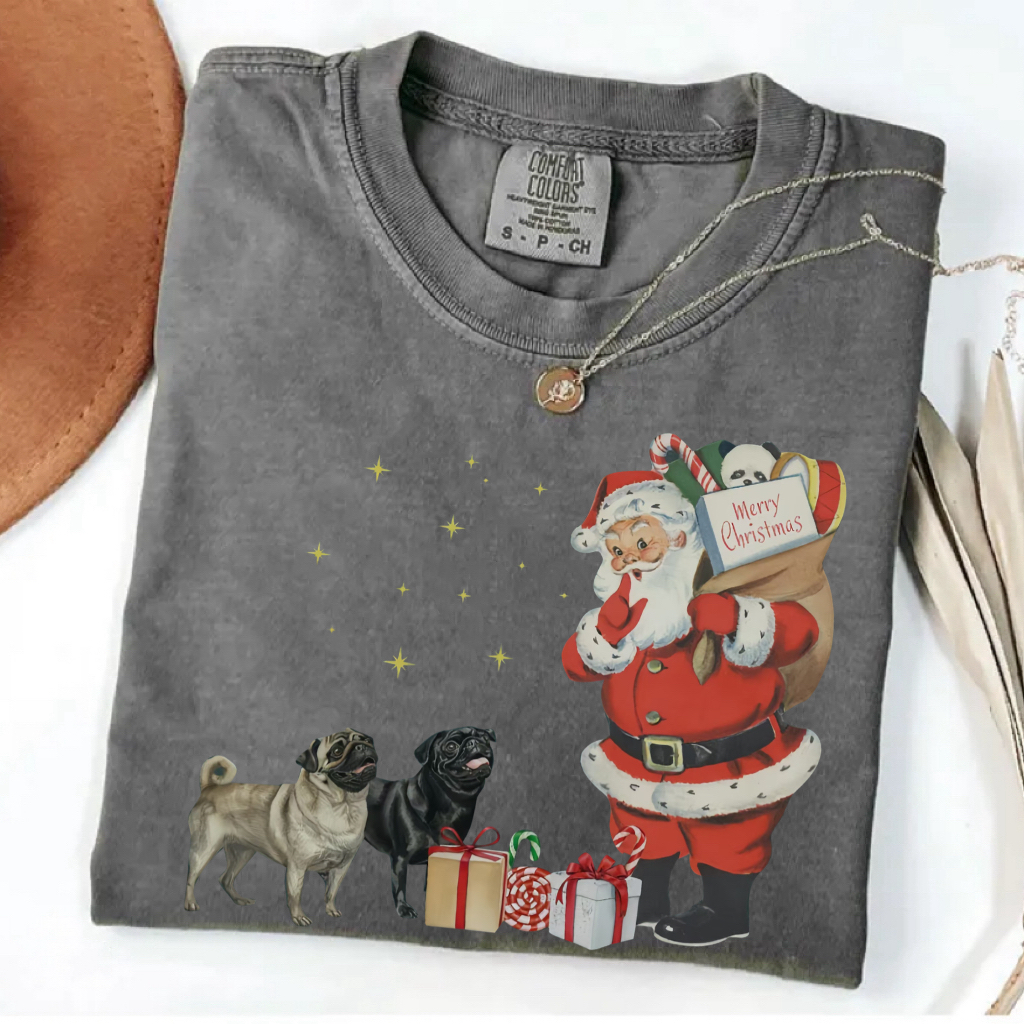 Vintage Pug Santa Christmas T-Shirt