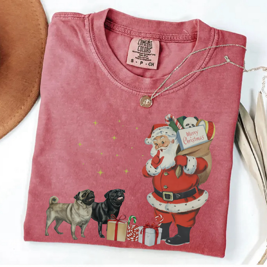 Vintage Pug Santa Christmas T-Shirt