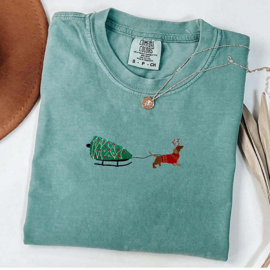 Embroidered Christmas Dogsled T-shirt