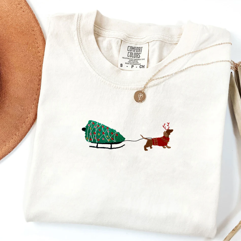Embroidered Christmas Dogsled T-shirt