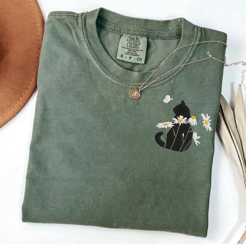 Embroidery Cute Cat Comfort Colors T-Shirt