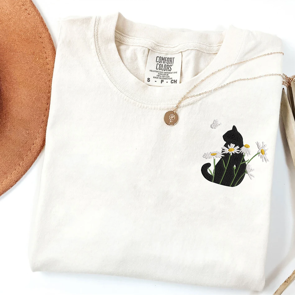 Embroidery Cute Cat Comfort Colors T-Shirt