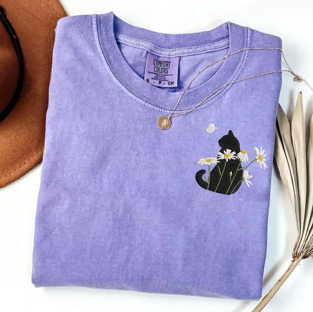 Embroidery Cute Cat Comfort Colors T-Shirt