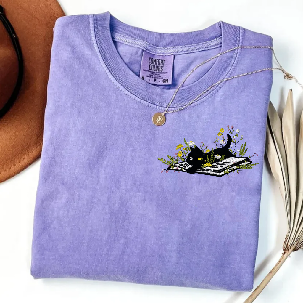 Embroidery Bookish Cat T-Shirt