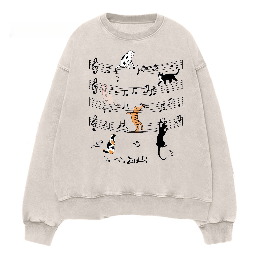 Cat Funny Music Notes Washed Sweatshirt 