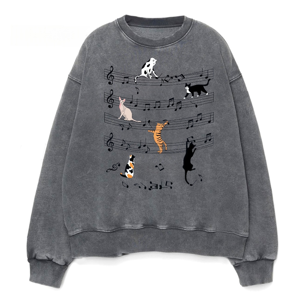 Cat Funny Music Notes Washed Sweatshirt 