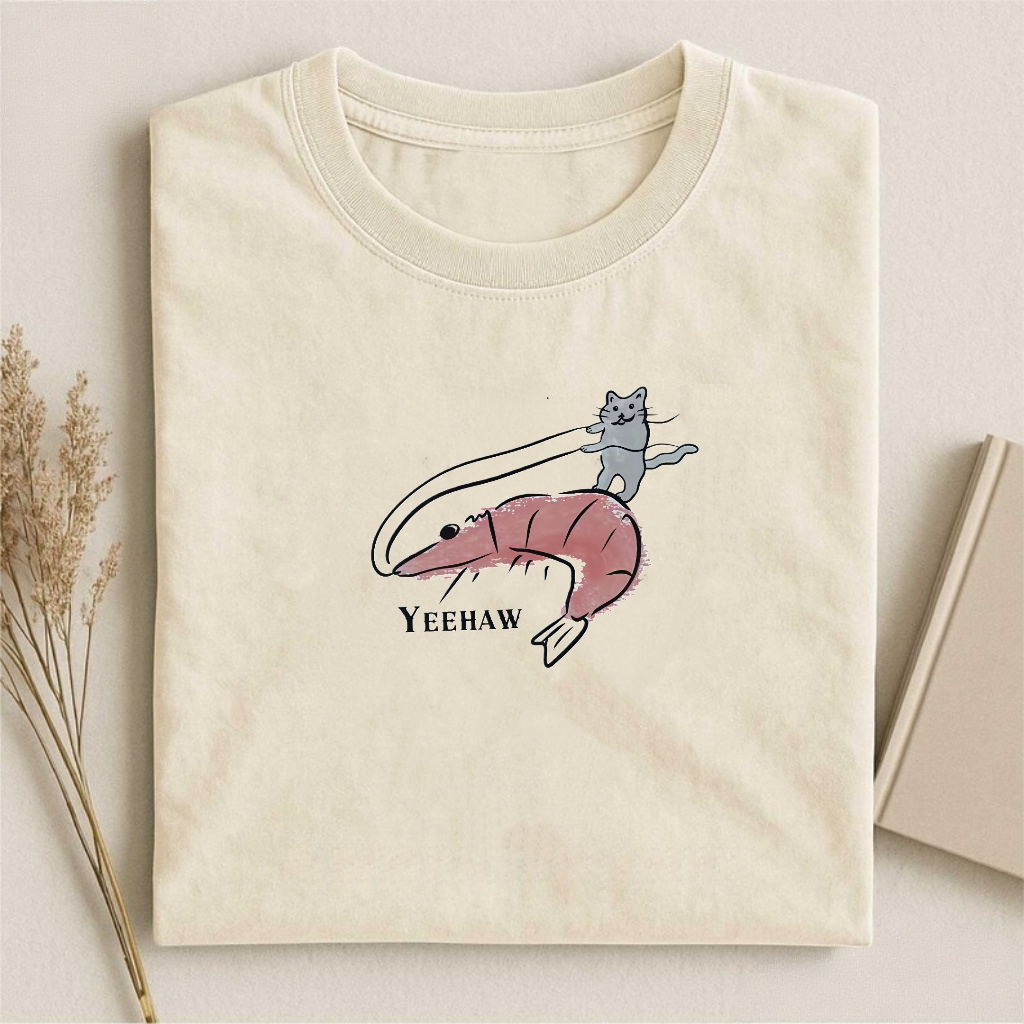 Funny Cat Riding Shrimp Yeehaw T-Shirt