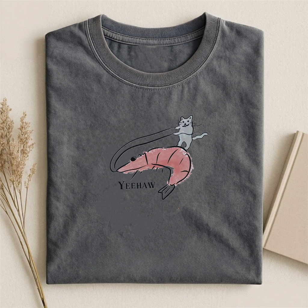 Funny Cat Riding Shrimp Yeehaw T-Shirt