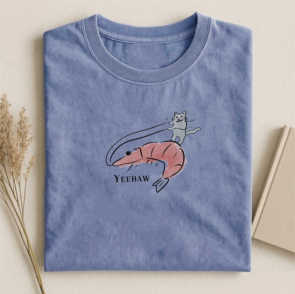 Funny Cat Riding Shrimp Yeehaw T-Shirt
