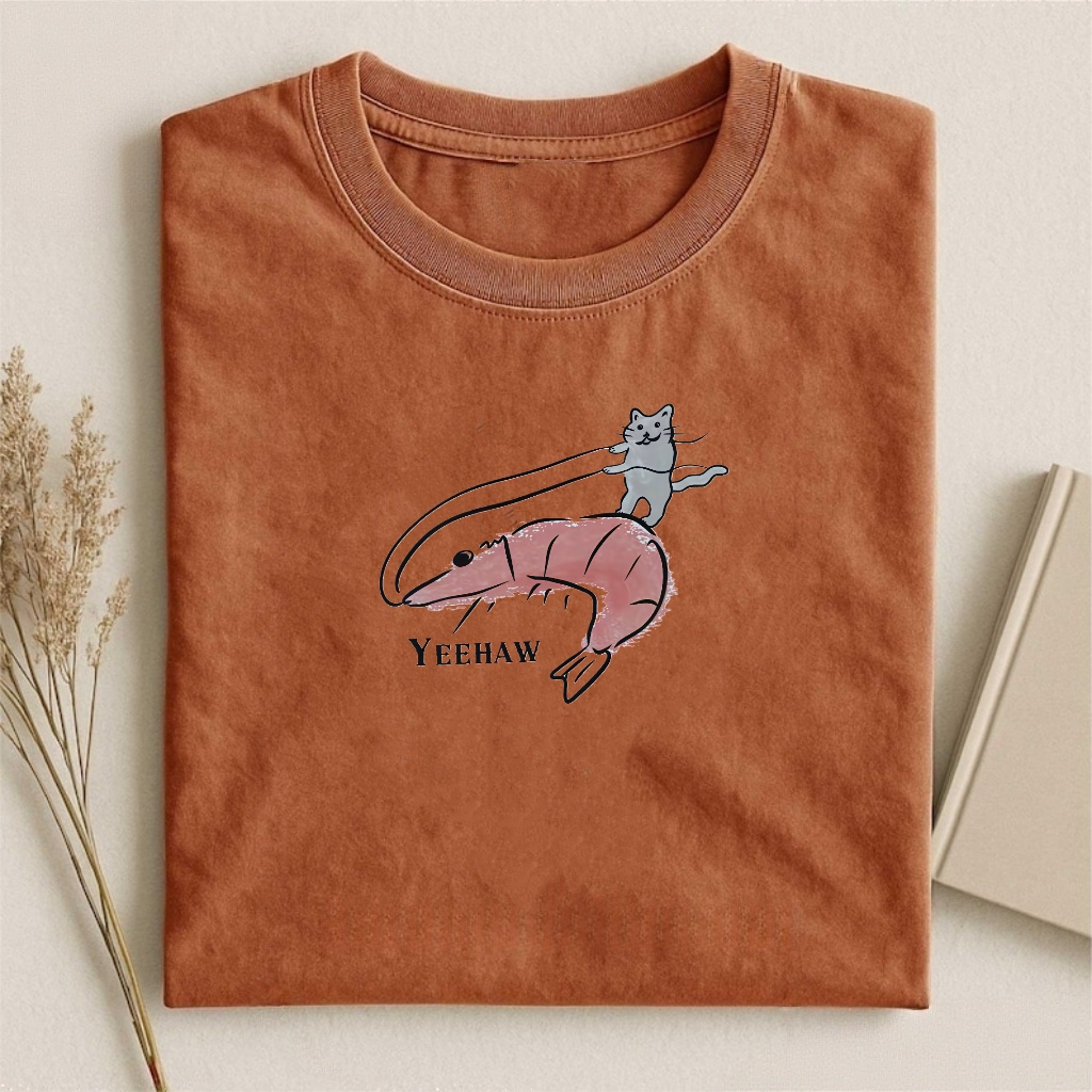 Funny Cat Riding Shrimp Yeehaw T-Shirt