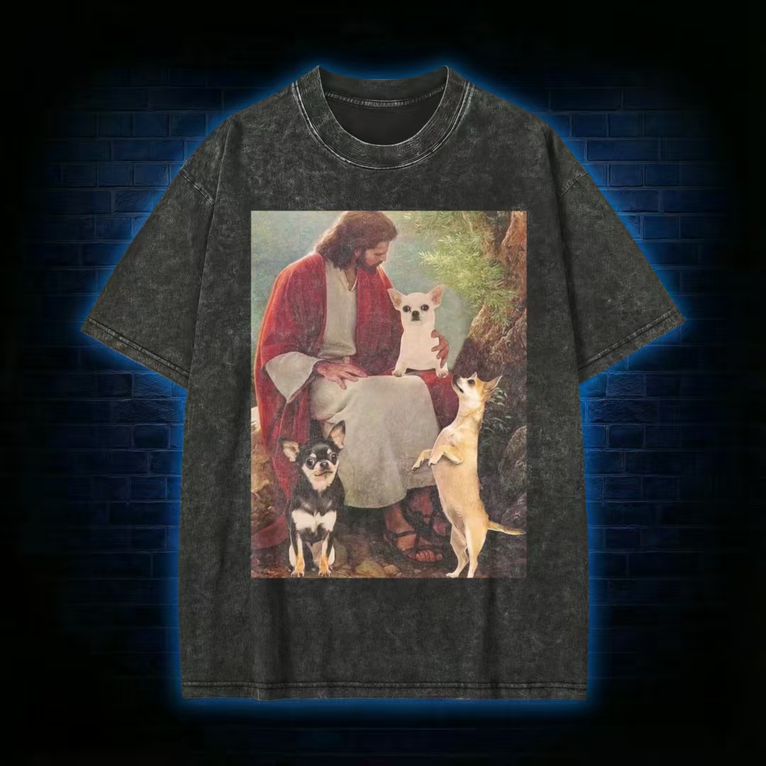 Jesus & Chihuahuas Religious Parody Washed T-Shirt