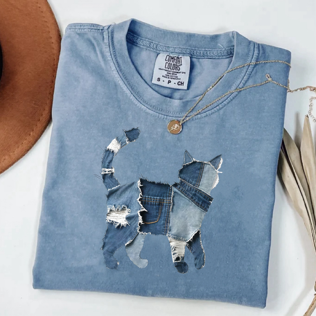 Cute Cat Denim Patchwork Art Shirt