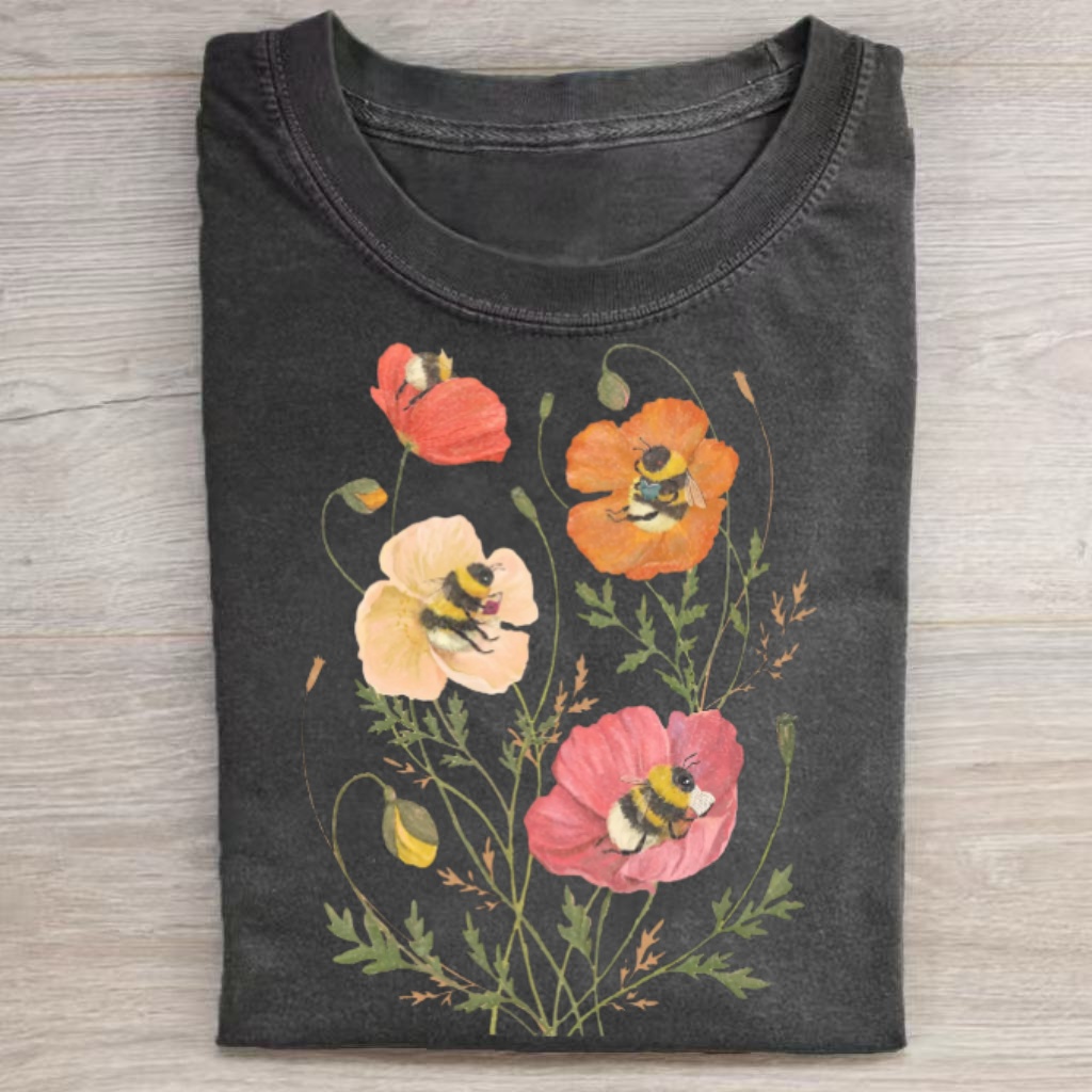 Bees & Poppies Floral Art T-shirt