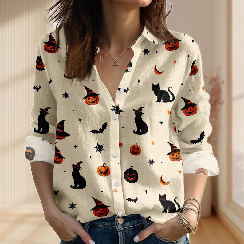Black Cat Pumpkin Linen Casual Shirt