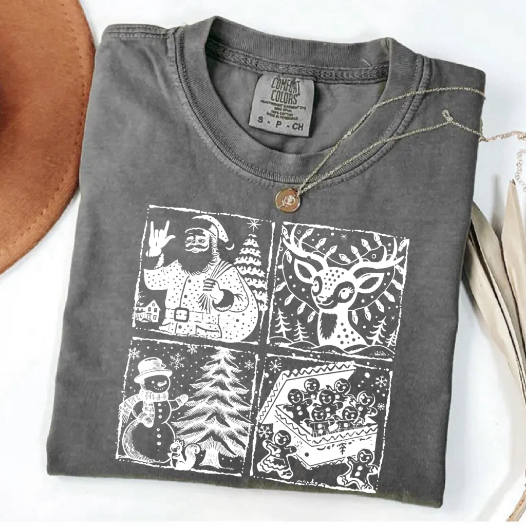 Retro Santa Reindeer Snowman Gingerbread Man Xmas T-shirt