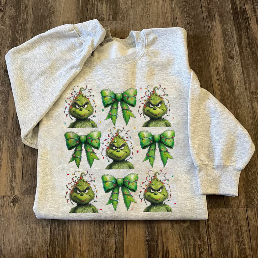 Vintage Christmas Green Guy With Coquette Bow Sweatshirt