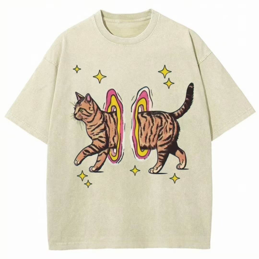 Cat Portal Retro Pop Art Washed T-Shirt