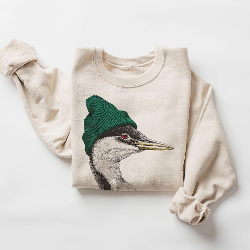 Retro Western Grebe Wearing Beanie Sweatshirt
