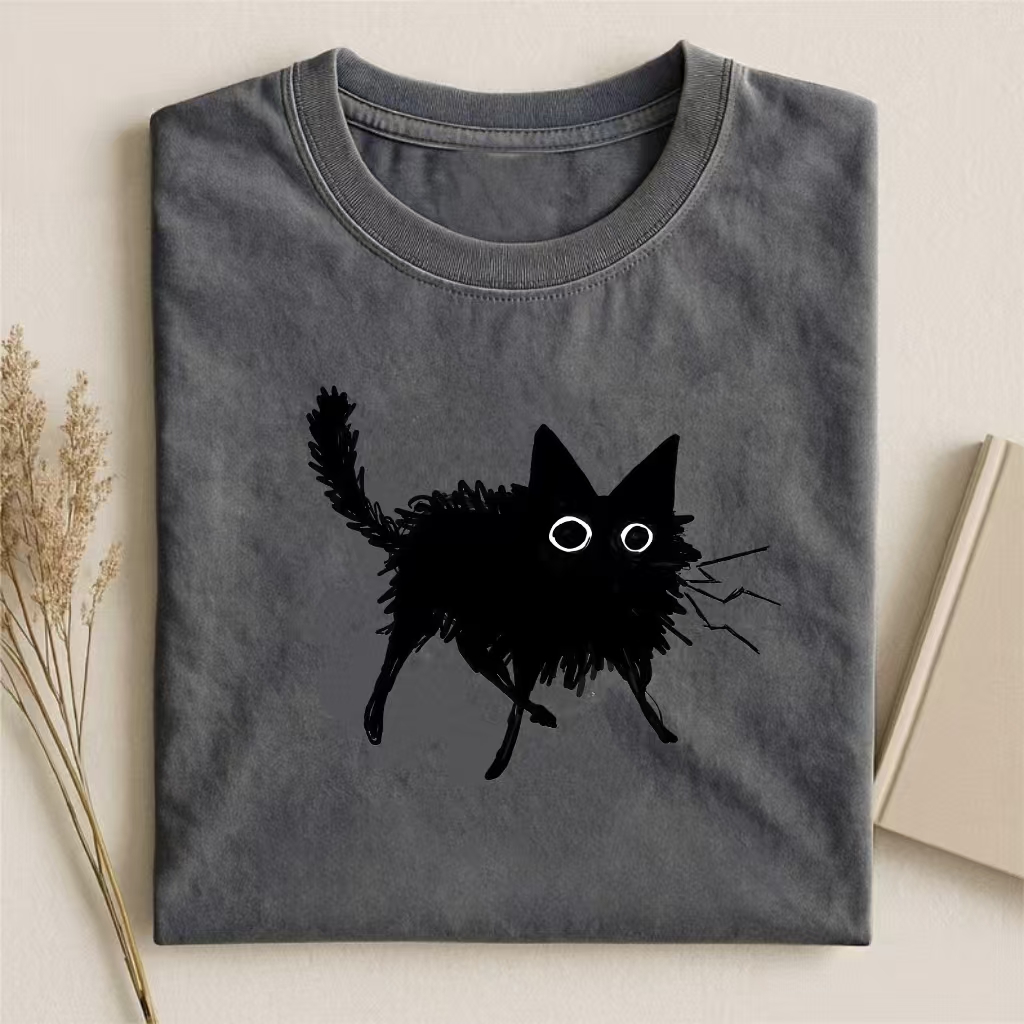 Fuzzy Black Cat Sketch T-shirt