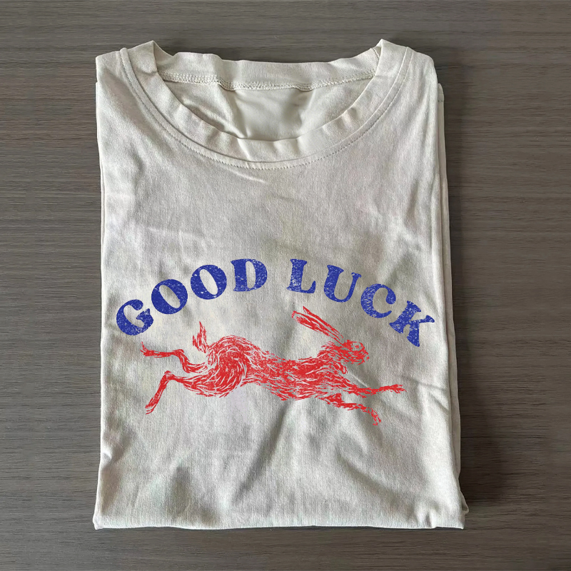 "Good Luck" Rabbit Retro Graphic T-shirt