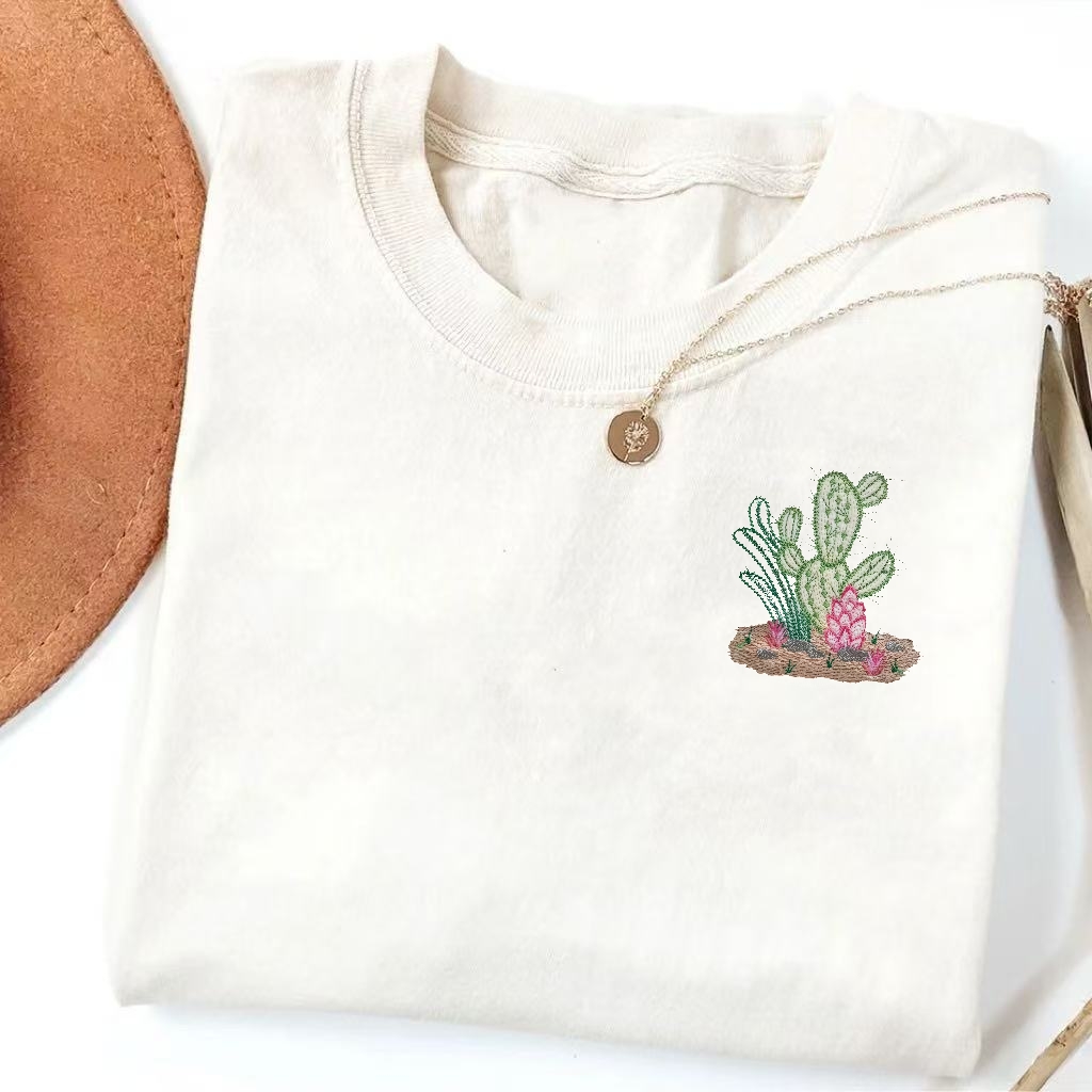 Cactus Embroidery Casual T-Shirt