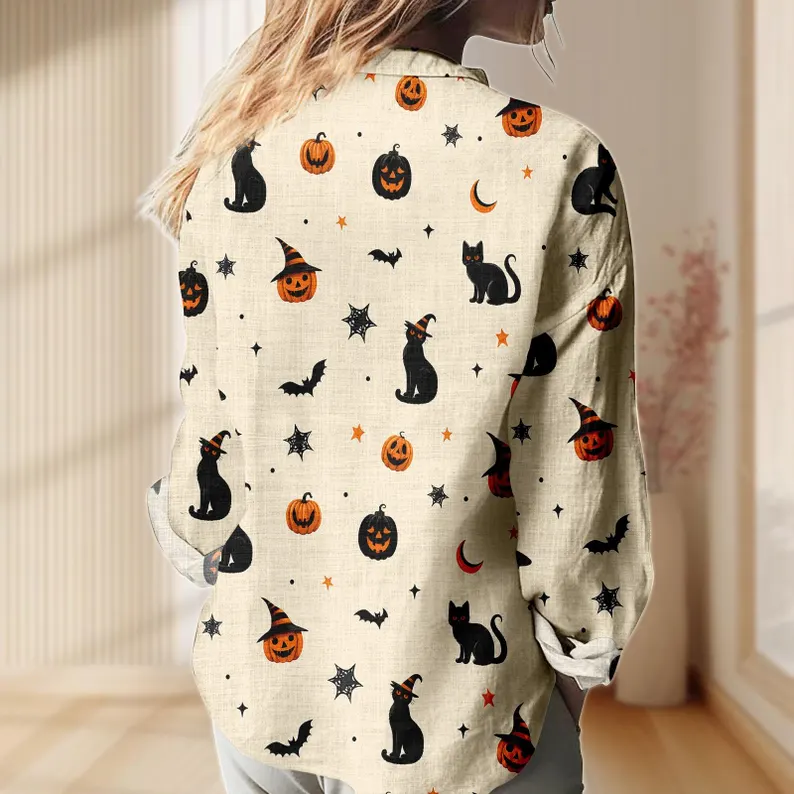 Black Cat Pumpkin Linen Casual Shirt