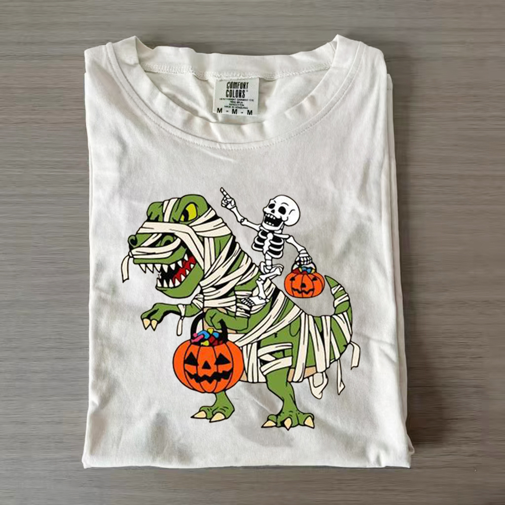 Skeleton Riding Mummy Dinosaur T rex Halloween T-shirt