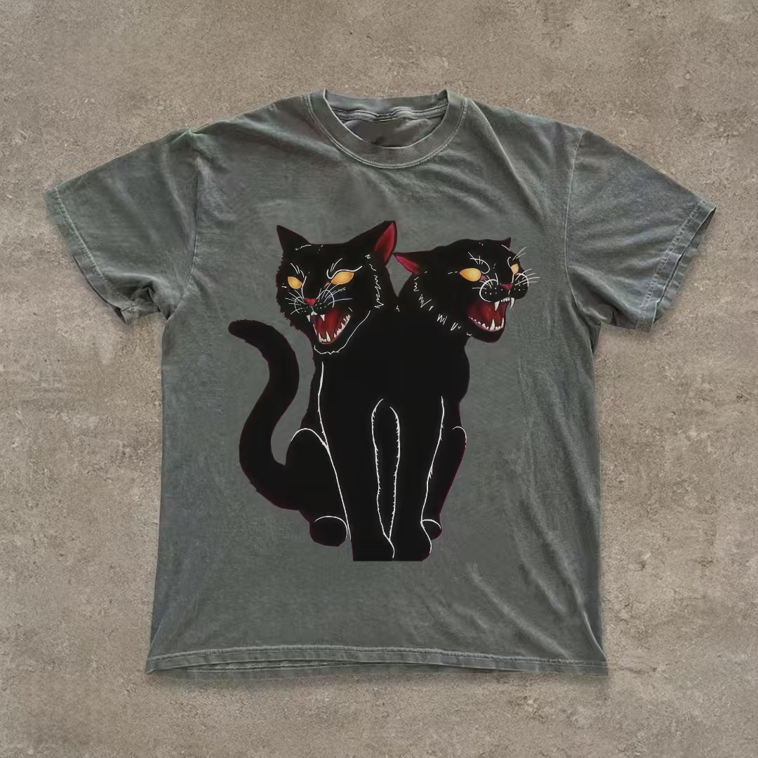 Two-Headed Black Cat Art T-shirt