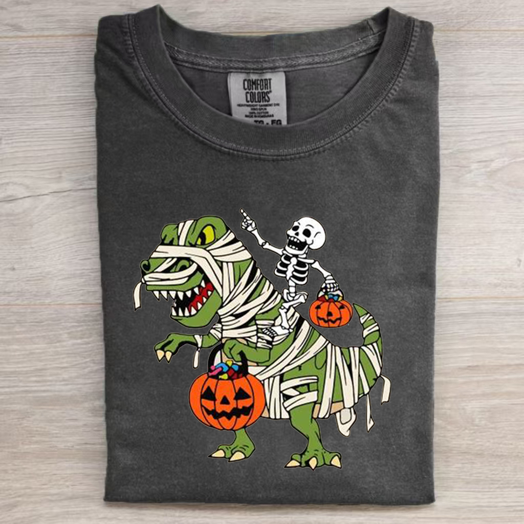 Skeleton Riding Mummy Dinosaur T rex Halloween T-shirt