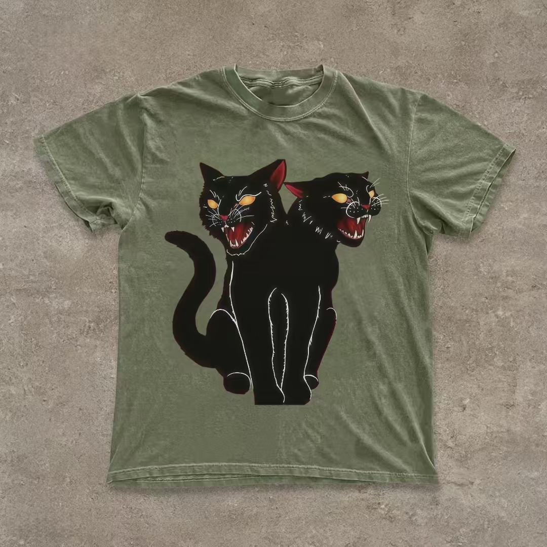 Two-Headed Black Cat Art T-shirt