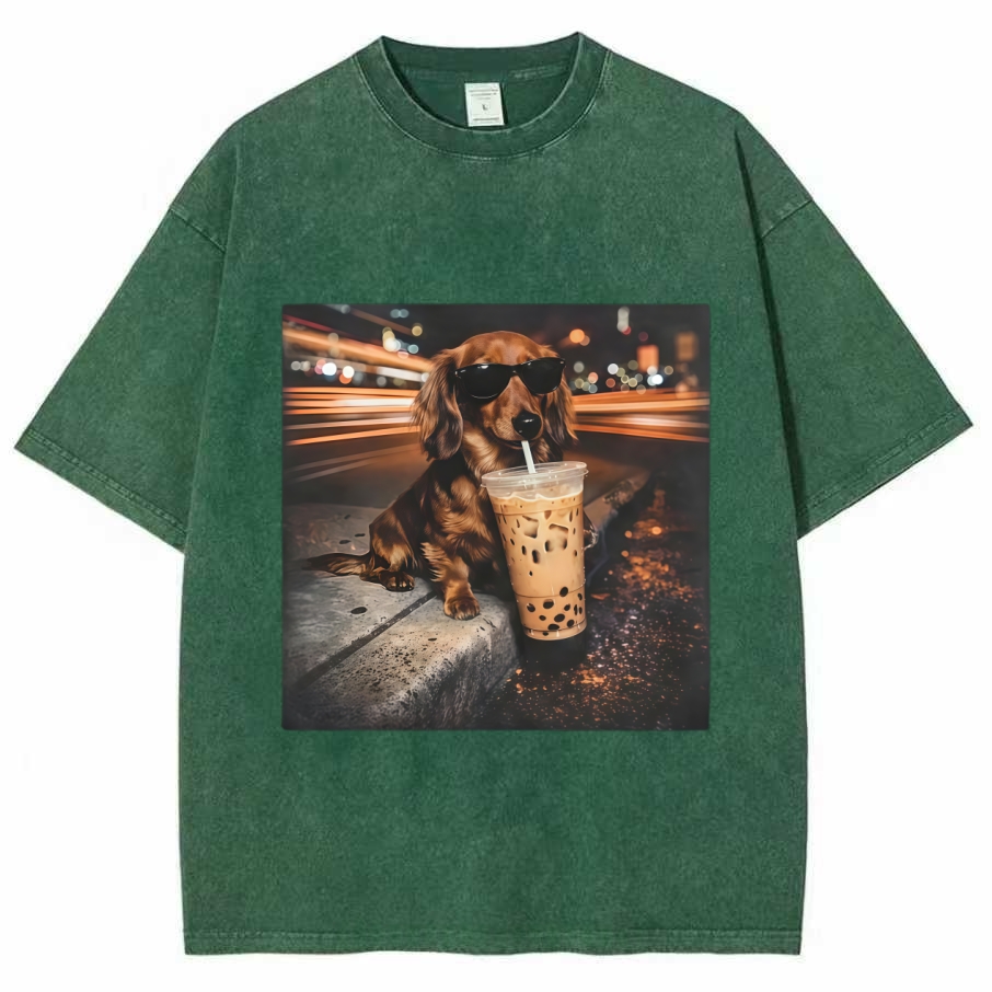 Funny Dachshund Drinking Iced Coffee T-Shirt