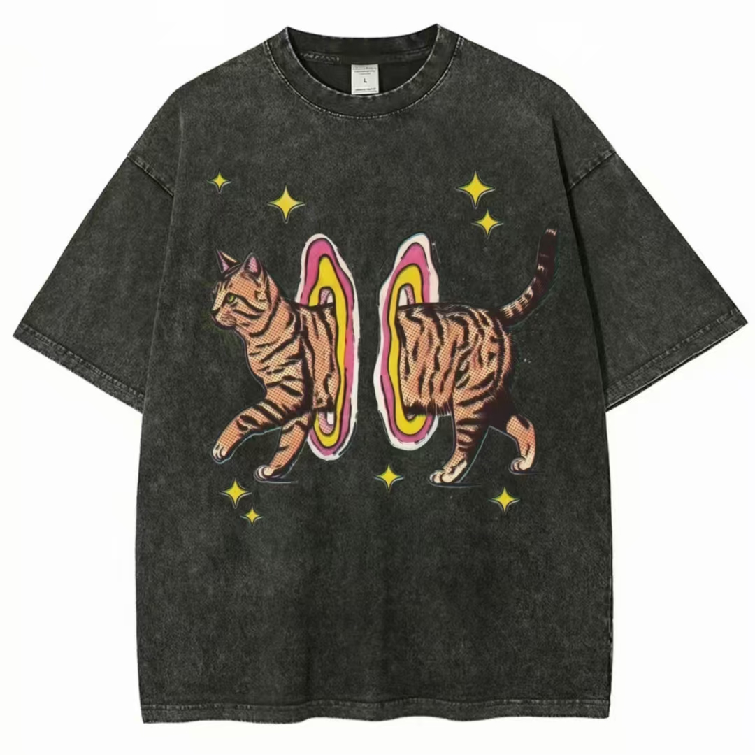 Cat Portal Retro Pop Art Washed T-Shirt