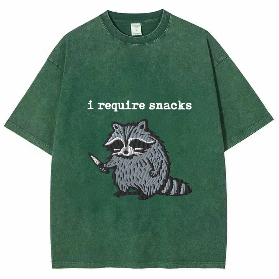 I Require Snacks Embroidered Raccoon T-Shirt