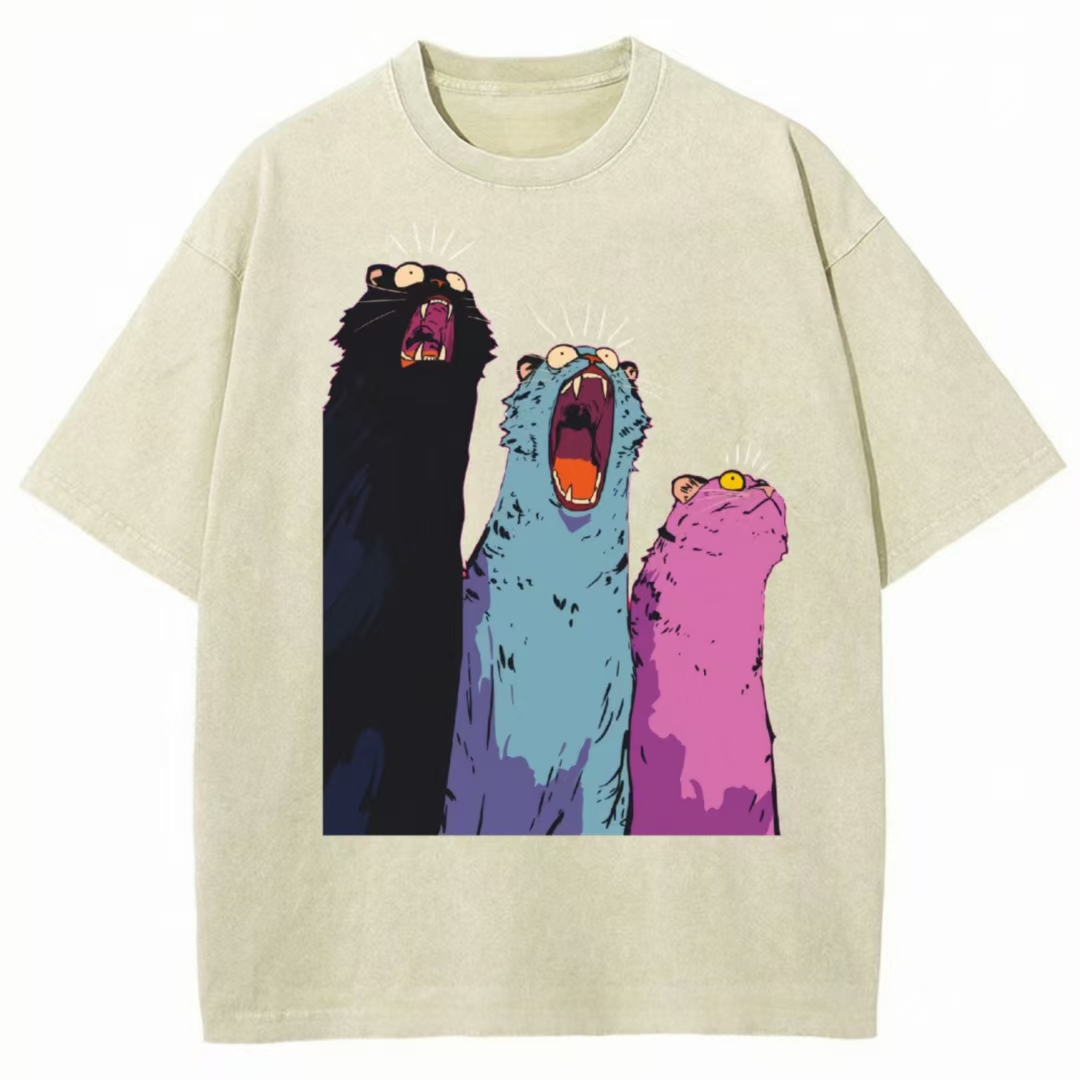 Three Screaming Cats Retro Art Washed T-Shirt