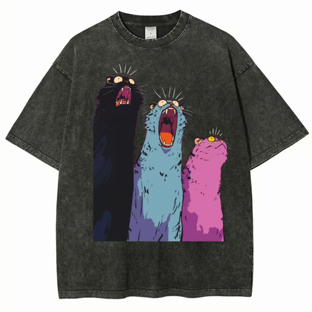 Three Screaming Cats Retro Art Washed T-Shirt