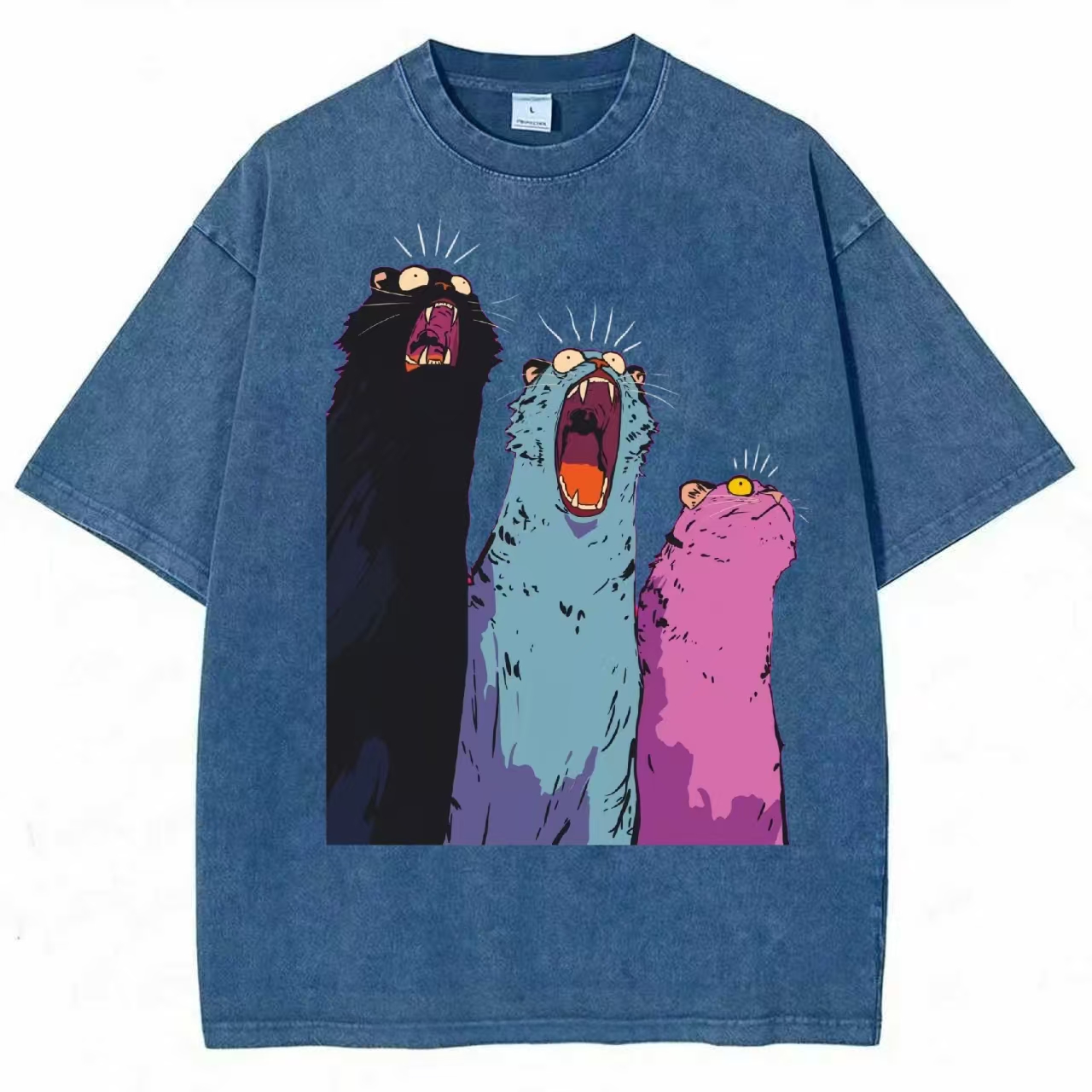 Three Screaming Cats Retro Art Washed T-Shirt