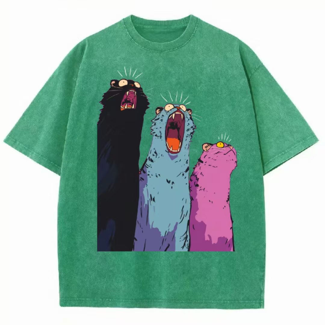 Three Screaming Cats Retro Art Washed T-Shirt
