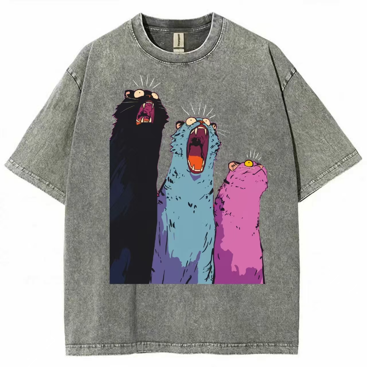 Three Screaming Cats Retro Art Washed T-Shirt