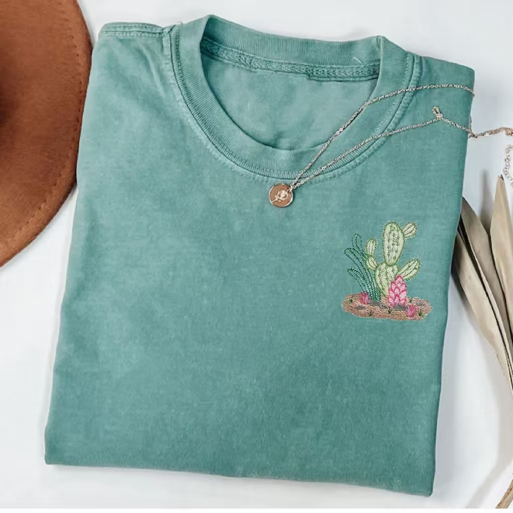 Cactus Embroidery Casual T-Shirt