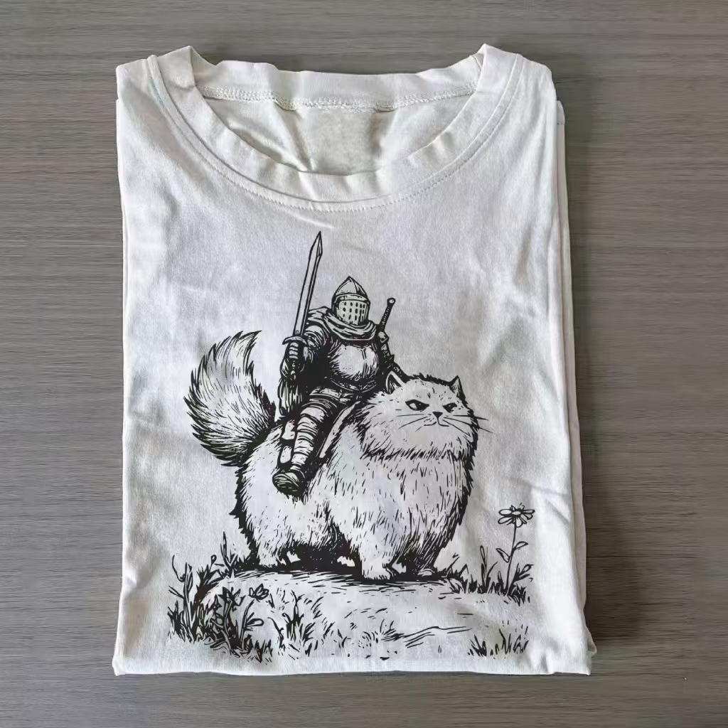 Knight Riding Giant Cat Fantasy T-shirt