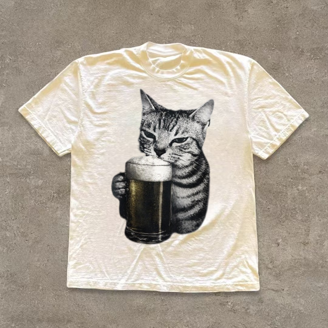 Cat Drinking Beer Funny Meme T-Shirt