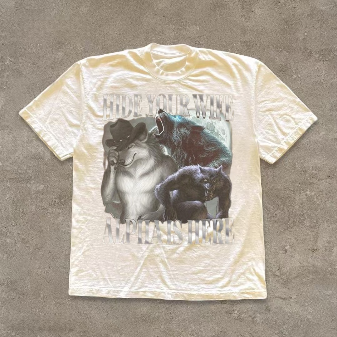 "Hide Your Wife Alpha Is Here" Wolf Meme T-Shirt