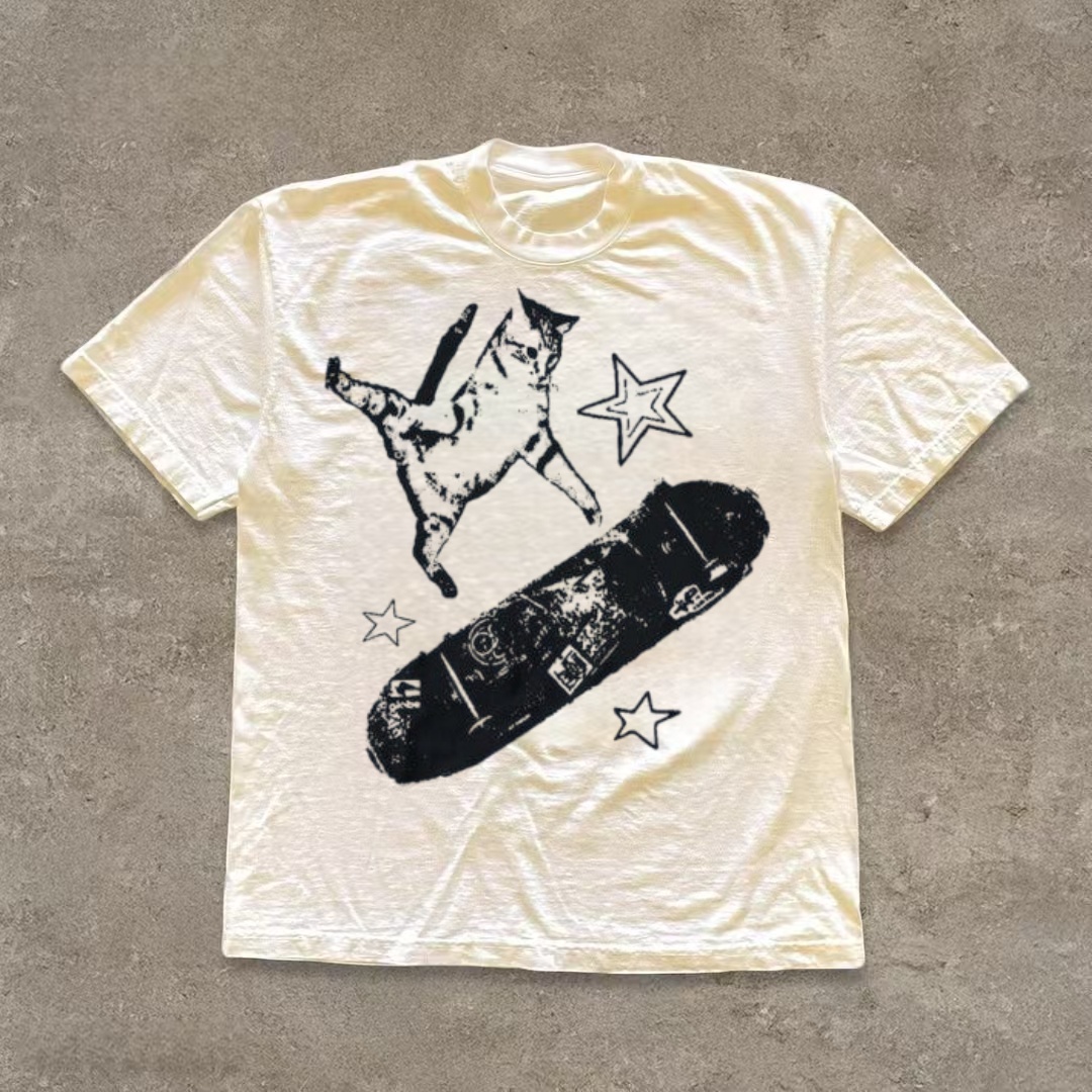 Skateboarding Cat Distressed Graphic T-shirt