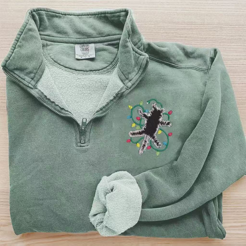 Christmas Black Cat Tangled in Lights Embroidered Zip Sweatshirt