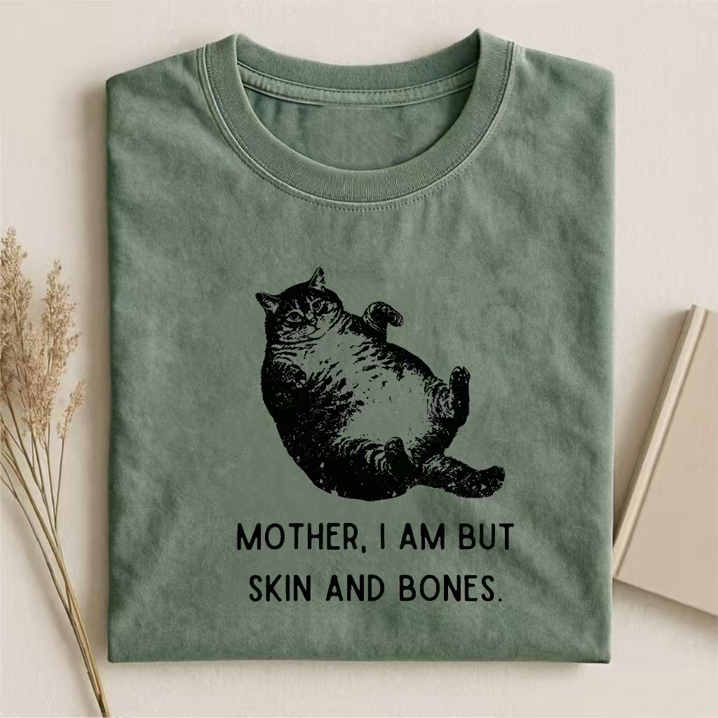 "Mother, I Am But Skin And Bones" Chonky Cat Humor T-shirt